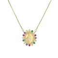 Gold Virgin Mary pendant necklace with colorful cubic zirconia halo on a box chain - Gold (Multi-color Oval)