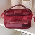 Neceser de malla rojo borgoña con bordes de volantes y bordado de corazón - Bolsa de Malla con Volantes Roja (Grande)