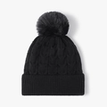 Women's black knit beanie with faux fur pom pom and classic cable knit pattern - Black(24B082)