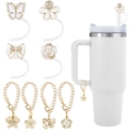Sparkling rhinestone bow and flower straw topper set with chains for tumblers - 10mm / Combo 3 (White Gold Pearl Flower)