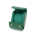 Detail view of a green leather watch case featuring silver snap buttons and soft lining - 1 Slot Green