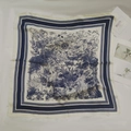 Navy blue and cream Toile de Jouy patterned square silk scarf with nature motifs - Forest-colored Navy Blue Small Square Scarf/silk Scarf / 65