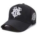 Black trucker hat with white 3D embroidery and breathable mesh panels in a 45-degree view - Hualang Style (K-91) / Hualang Black with White Embroidery