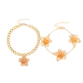 Golden flower necklace and bracelet set with pleated texture and adjustable chain links - Gold Flower Anklet + Bracelet Set