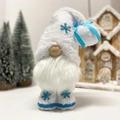 Standing white plush Christmas gnome doll with blue glitter snowflakes and silk bow decoration - White