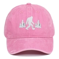 Pink washed denim baseball cap featuring Bigfoot and pine trees embroidery on front - Adjustable / Pink