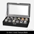 Uhrenbox mit 12 Fächern aus schwarzem Leder mit feiner Lychee-Maserung und Samt - 12 Steckplätze / Schwarz / Litchi-Maserung