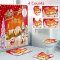 Weihnachts-Badezimmerset 4-teilig mit Weihnachtsmann Duschvorhang und Badematten - 3-teiliges Badematten-Set / Weihnachtsroter LKW & Golden Retriever Welpen
