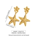 Polished golden stainless steel starfish flower earrings with size measurements - Stainless Steel Starfish Flower
