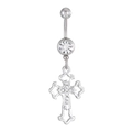 Silver belly button ring with cross pendant featuring sparkling cubic zirconia stones - Cross Style (Z-584)