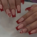 French tip press-on nails in burgundy with heart patterns on long coffin nail shape - Classic Red French Line Heart Style (AW518)
