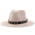 Men's vintage beige woven fedora straw hat with brown leather band and gold metal hardware - Nude Pink
