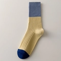 Calcetines de canalé tricolores con patchwork azul y amarillo estilo universitario japonés - Talla única / Azul Beige