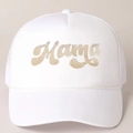 Detail of white mesh trucker hat with gold Mama embroidery and decorative rope - White