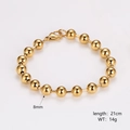 Detalle de pulsera de cuentas doradas de 8mm con etiquetas de tamaño, peso y longitud - Pulsera / 8mm / Dorado