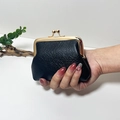 Mini vintage coin purse in black lychee grain leather with golden metal clasp closure - Premium Black