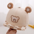 Close-up of baby bear baseball cap showing 3D plush ears and checkered brim detail - 48cm(6-24 Months) / Plaid Double-Ear Bear Beige