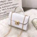 White quilted crossbody handbag with gold chain strap and square metal lock for women - White Quilted