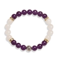 Detail of 8mm purple and white beaded elastic bracelet with gold rhinestone spacers - Purple Chalcedony + White Stone + Silver Lava