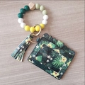 Silicone beaded keychain bracelet with tropical floral wallet and green tassel charm - Tropical Plant Print Card Holder with Green White Yellow Silicone Beads