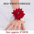 Elegant red silk rose wrist corsage with crystal accent and silver ribbon for weddings - 1 Piece / Red