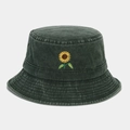 Close-up of vintage washed cotton bucket hat with detailed yellow sunflower embroidery - M (56-58cm) / Army Green