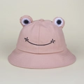 Detail of pink cotton frog bucket hat with 3D eyes and embroidered smiley face - Pink
