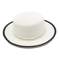 Detail of white boater straw hat featuring black piping and elegant pearl beaded band - White Lace Pearl
