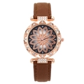 Detail of rose gold barrel watch with crystal bezel and brown matte leather strap - Floral Art Dial Watch / Brown