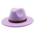 Detail of wool fedora with brown leather band and antique bronze buckle accent - M (56-58cm) / Taro Purple