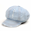 Light blue distressed denim octagonal newsboy hat with retro stitching for women - M(56-58cm) / Light Blue
