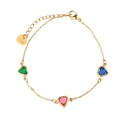Gold stainless steel bracelet with three colorful heart stones and lobster clasp - B2142-Triple Color Heart Stones Bracelet