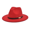Detailed close-up of a red wool fedora featuring a black leather band and gold buckle - Red