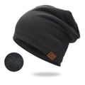 Black knitted beanie with warm fleece lining and stylish F&S leather patch - Fleece Lined / Black