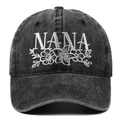 Vintage dark gray washed denim baseball cap featuring white NANA floral embroidery - Adjustable / Black