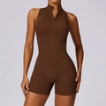 Chocolate brown sleeveless high-stretch yoga romper with front zipper closure - Birch Tea Brown