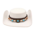 Cappello da cowboy bianco a tesa larga con fascia in pelle e perline di turchese - Taglia unica / Cinturino Blu-Giallo / Bianco