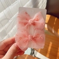 Set of two pink tulle bow hair clips with polka dots for girls, minimalist style - Pink Mesh Pair