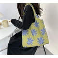 Green canvas tote bag with blue floral print for large capacity daily commuting - Green