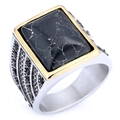 Macro detail of men's Masonic ring with black gemstone and silver gold-tone finish - US Size 8 / Retro Rectangular Silver-Gold Style (19206)
