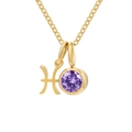Pisces zodiac rune necklace in gold finish with a round purple gemstone pendant - February Violet Pisces - Gold Color