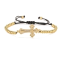 Adjustable black braided rope bracelet with gold-plated zircon cross charm on white background - Clear White Zirconia Bracelet (CN001792YH)