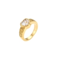 Vintage style gold heart ring with white zircon and engraved scroll patterns - White