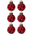 Set of six red and black plaid Christmas baubles with gold caps and hanging loops - 6cm Style 9 (Red Black Buffalo Plaid)