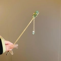 Classic Chinese hair pin with green jade flower and long metallic tassel pendants - Gold Green Jade Leaf Tassel Style (81#)