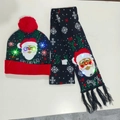 Black Christmas knit hat and scarf set with LED lights and Santa Claus motifs - Snowflake Santa Red Cuff-Set