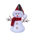 Plush Christmas snowman doll with red green plaid hat and branch arms for decor - Long Hat Style