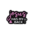 Spilla in smalto nero con testo rosa Jesus Has My Back e una piccola croce - jesus HAS MY BACK