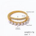 Detail view of 18k gold plated stainless steel ring with zircon rows and faux pearls - US 7 / Gold/White Zirconia