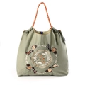 Sage green nylon tote bag with traditional carriage embroidery and woven red straps - Grey Chinese Style Carriage